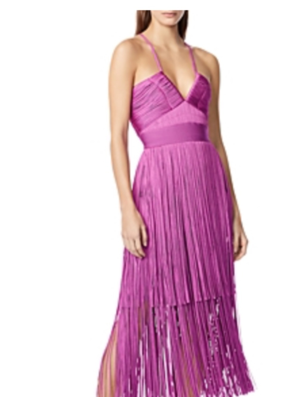 Hervé Léger The Natalia Fringe Dress AZALEA PLUNGING STRAPPY FRINGE MIDI NWT